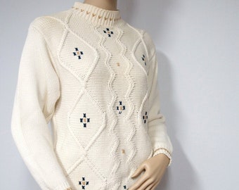 1980's Sweater Vintage Pullover Embroidered Cream Crew Neck Warm Raised Knit Design Size Petite