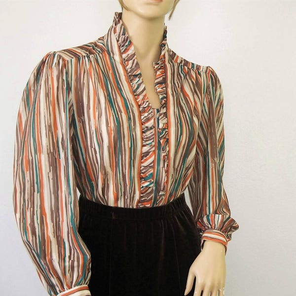 1970's Blouse Brown Striped Long Sleeve Ruffle Women's Shirt Office Artsy Size Medium