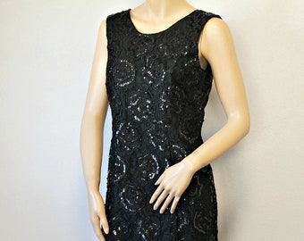 Little Black Dress Beaded Sequin Cocktail Shift Vintage Sleeveless Party Size Tagged Large Medium