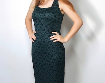 1980's Maxi Dress Vintage Green Lingerie Style Sheath Floral Sleeveless Gown Size 7