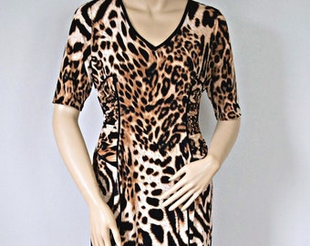 Vintage Dress Animal Print Tiger Leopard Knit Stretch Tagged Size Petite Large