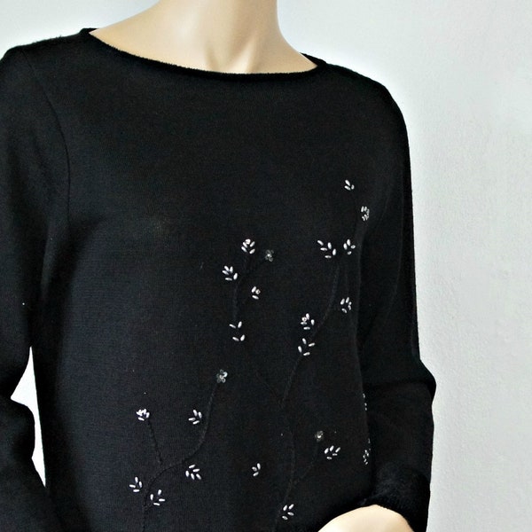 Beaded Black Pullover Sweater Vintage Long Sleeve Pearly Size Small