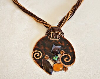 Vintage 1980's Necklace Copper Pendant Handmade Enamel Colorful Stones - Adjustable Length