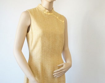 Size 10 Dress Gold Silk Tweed Asian Influence 1990's Vintage Fitted Sleeveless Shift