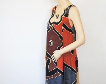 Dress Vintage Medium Batik Style Maxi Brown Orange Blue Flowing Sleeveless Long Boho Hippie