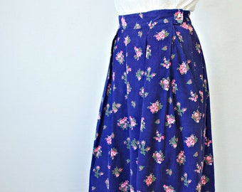 Blue Floral Corduroy Skirt Small Wale Full Midi 1980's Vintage Size 8