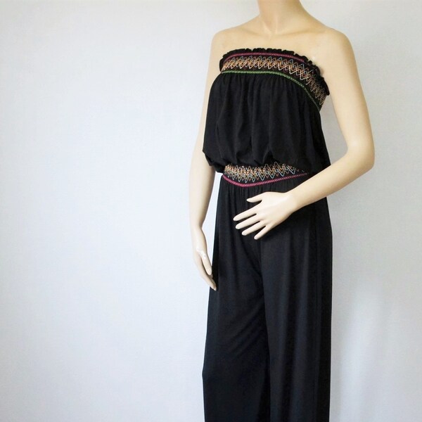 Vintage Embroidered Jumpsuit Strapless Smocked Black Romper Knit Size Tagged Medium