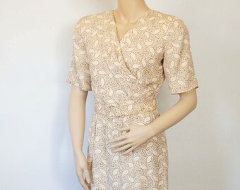 Vintage Dress Silk Liz Claiborne '80's 90's Secretary Paisley Beige Short Sleeve Tagged Size 6