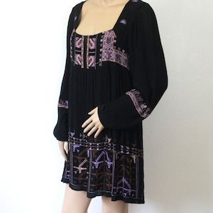 Vintage Dress Black Mini Embroidered Gauze Boho Hippie Free People Size Tagged Medium afbeelding 1
