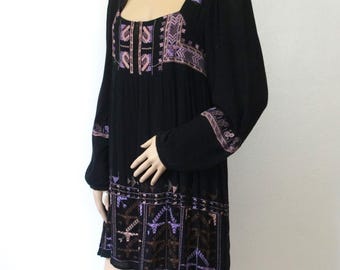 Vintage Dress Black Mini Embroidered Gauze Boho Hippie Free People Size Tagged Medium