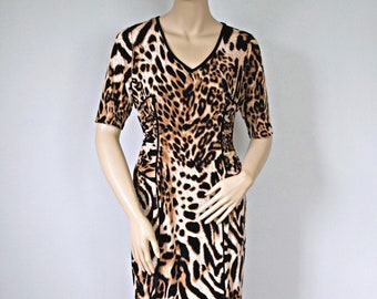Dress Animal Print Tiger Leopard Vintage Polyester Knit Short Sleeve Stretch Tagged Size Petite Large