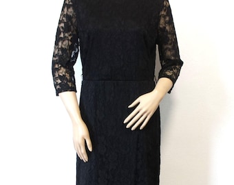Vintage Lace Dress Black Formal Cocktail Sheer Sleeve Full Skirt Size Tagged 10