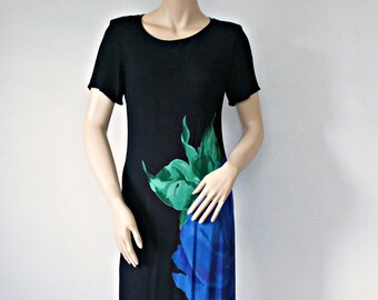 Maxi Dress Vintage Black Floral Design Slinky Long Size Petite Medium
