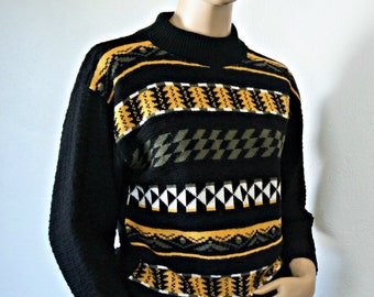 Vintage Sweater 1980's Pullover Knit Patterned Black Golden Yellow Moss Green Size 4 Size Small