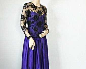 1980's Dress Formal Gown Regency Old Fashion Prom Beaded Lace Purple Black Oleg Cassini Size 6