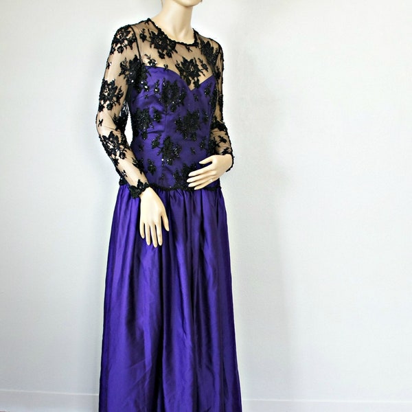 1980's Dress Formal Gown Regency Old Fashion Prom Beaded Lace Purple Black Oleg Cassini Size 6