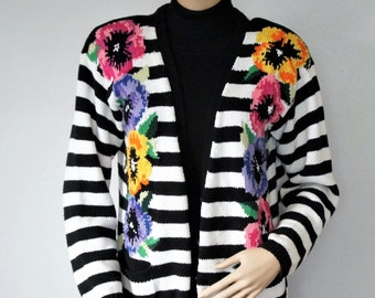 Vintage Sweater Cardigan Black White Stripe Floral Designer Size Medium