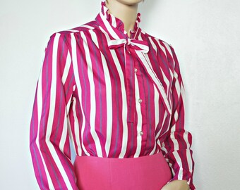 Striped Bow Blouse Vintage Long Sleeve High Neck Prairie Bow 1970's Bold Pink and White Size Small