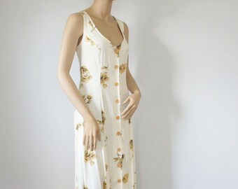 Golden Roses Sundress Vintage Open Back Criss Cross Straps Buttons Size Tagged 4 Petite, See Actual Measurements