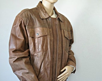 Levi's Bomber Jacket Brown Leather Vintage Lined Zip Front Western Trucker Size Medium