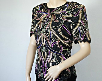 Beaded Top Black Blouse Vintage 1980's Colorful Short Sleeved Size Medium Size Small
