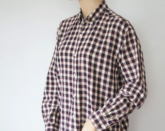 Vintage Blouse Plaid Cotton Flannel Lightweight Button Down Collar Tagged Size Large, Size Medium