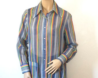 1970's Striped Blouse Semi Sheer Long Sleeve Button Front Size Medium to Large