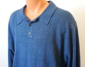 Blue Sweater 3 Button Collared Cable Golf Vintage Men's Size Extra Large Pullover