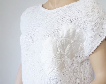 Knit 1980's Blouse White Vintage Knubby Silky Applique Floral Short Cap Sleeve Size Tagged Small