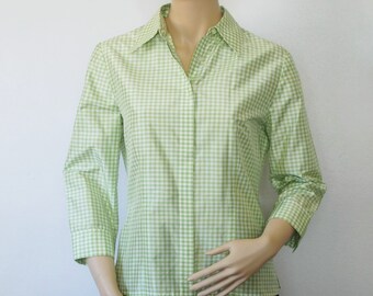 Checkered Blouse Silk Small Lime Green Vintage 1990's Plaid Carlisle Button Front Size Tagged 6