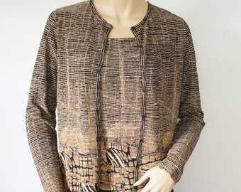 Cardigan Set Shell and Over Blouse Vintage 1980's Black Brown and Gold Stretchy Tagged Size Small