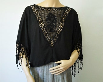 Black Fringed Top Blouse Lacy Crop Crochet Vintage Lightweight Batwing Sleeves Size Tagged XS