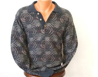 1980's Man Sweater Knit Circle Pattern Hill & Archer Vintage Gray Polo Collar Size Small