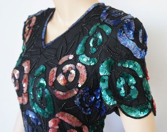 Vintage Blouse Beaded Sequin Stenay Top Formal Floral Short Sleeve Size Petite Petite