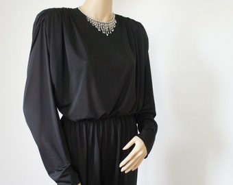 Vintage 1980's Jumpsuit Black Faux Pearl Neckline Dolman Sleeve Size Small