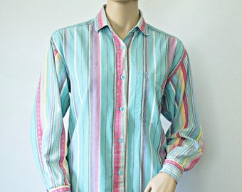 Striped Blouse Southwest Turquoise Cotton Long Sleeve Vintage 1980's Top Size Medium