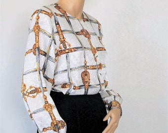 Vintage Blouse 1980's Classic Laura & Jayne White Swords Long Sleeve Silky Size Tagged 8