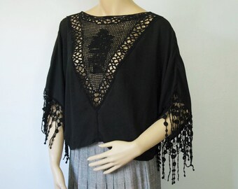 Black Fringed Top Blouse Lacy Crop Crochet Vintage Lightweight Batwing Sleeves Size Tagged XS