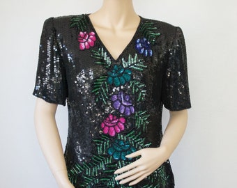 Sequin Blouse 1980's Vintage Floral Short Sleeve Black Bling Size Tagged Large Please Consult Measurements