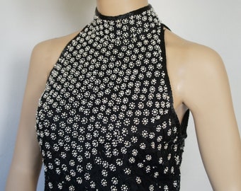 Elegant Halter Top Beaded Black Faux Pearl Sleeveless Vintage Hollywood Glamour Laurence Kazar Size Small