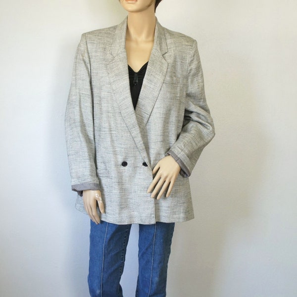 Gray Blazer Jacket Large Tweed Rayon and Linen 1980's Vintage Size 16