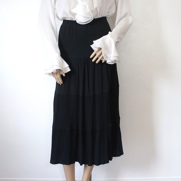 Black Prairie Skirt Gauze Casual Loose Skirt Vintage Elastic Waist Flare Full Midi Boho Hippie Size Small