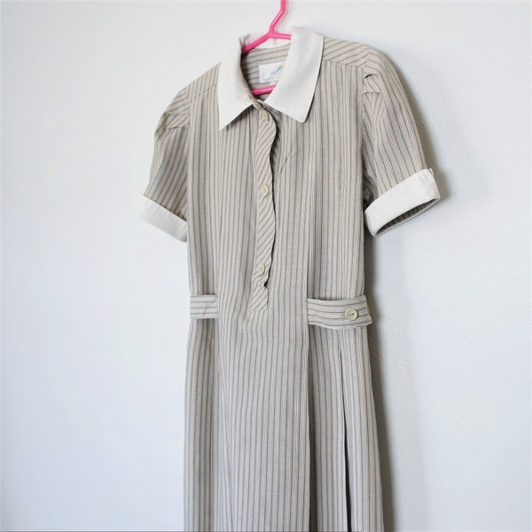 Girl's Dress Striped Prim Proper School Vintage Short Sleeve Proper Pleated Size 8