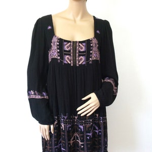 Vintage black hippie purple embroidered dress empire waist long puff sleeves open back