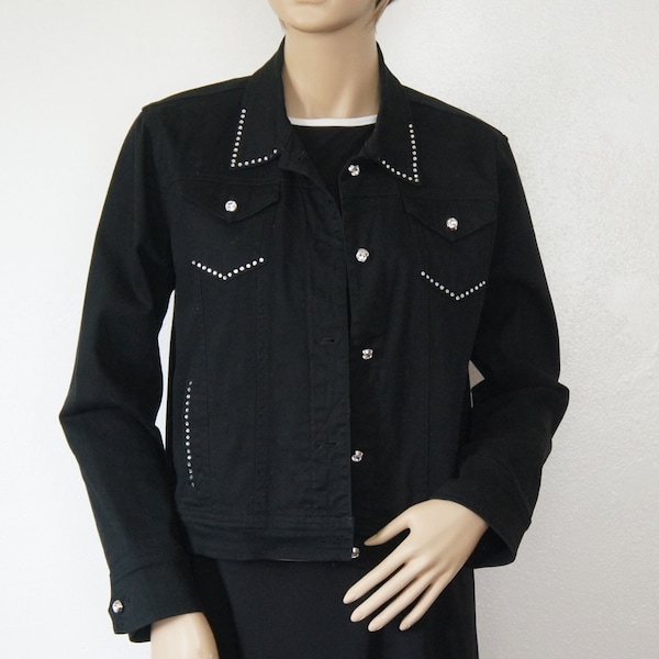 Black Denim Bling Jean Jacket, Embellished, Rhinestone Studded, Western Size Medium