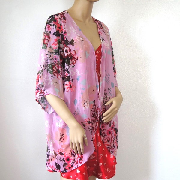 Sheer Floral Kimono Robe Vintage Pink Short Silky Boudoir Cover-up Tagged Size 2XL