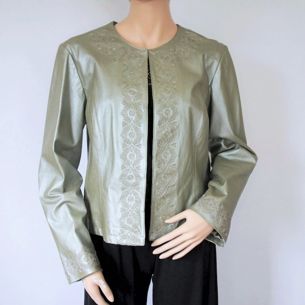 Leather Jacket Tagged Size Large Silver Green Cropped Embroidered