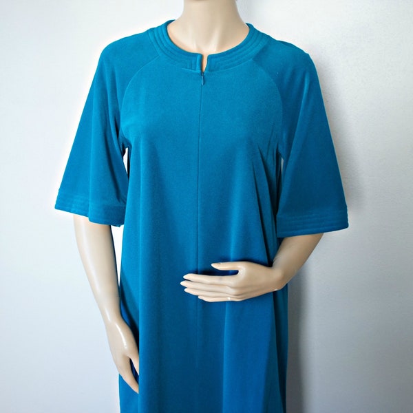 Vintage Robe Dressing Gown Vanity Fair Turquoise Zip Front Day Dress Size Small Velour Fleecy Fabric