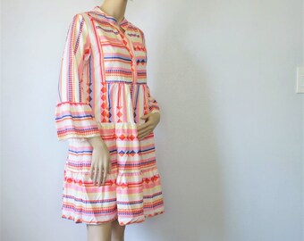 Silky Tent Dress Vintage Spring Striped Bib Ruffle Polyester Colorful Bell Sleeve Pastel Tagged Size Medium