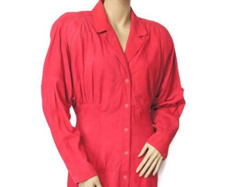 Vintage Coat Dress Vakko Suede 1980&#39;s Punk Rock Snap Front Blousy Hot Pink Size 10 Regular